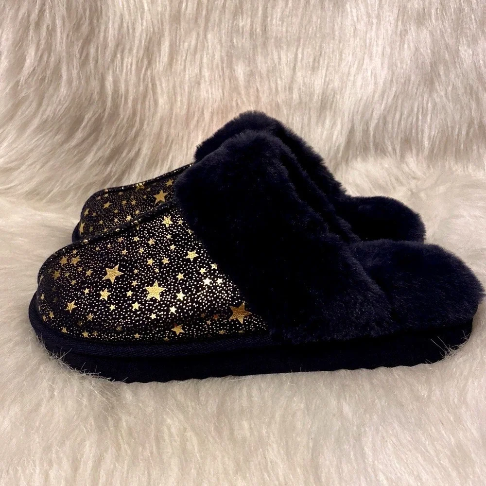 Wonder Nation Slippers Girls Size 6 Blue Stars Fuzzy Memory Foam Slip On Shoes